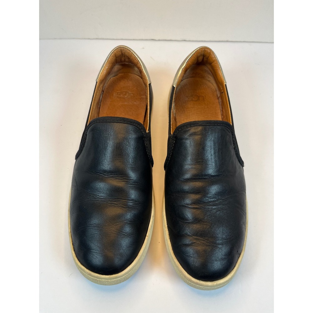 UGG Cas‎ Black Leather Slip On Sneakers Gold Heel 1019108 Womens 8